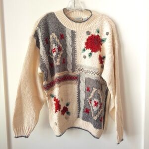 Vintage 80s Sweater Womens M Patchwork Floral Cable Knit Ramie Korea 3D Chunky
